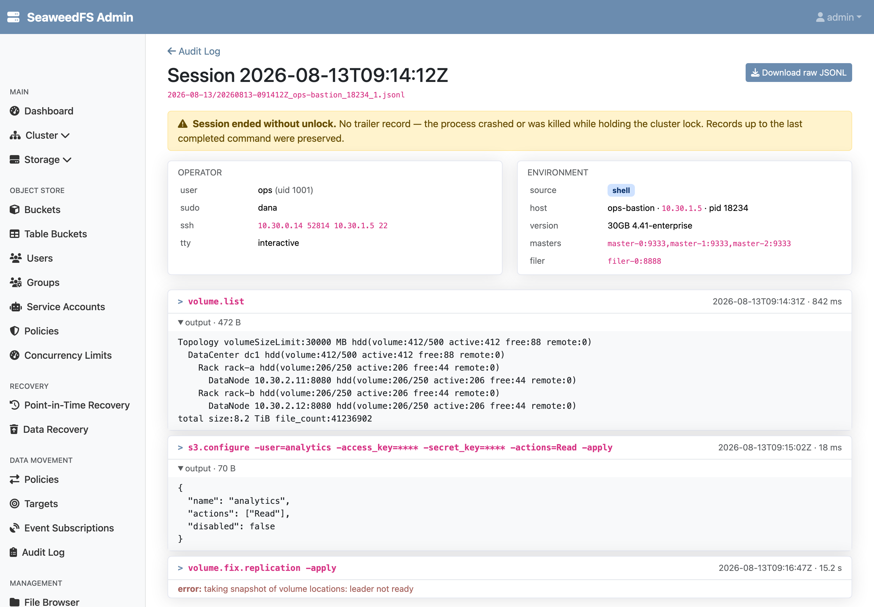 A session transcript in the Admin UI: a warning banner for a session that ended without unlock, operator and environment cards showing the sudo user and SSH origin, command outputs, a masked s3.configure command line, and a failed command's error.