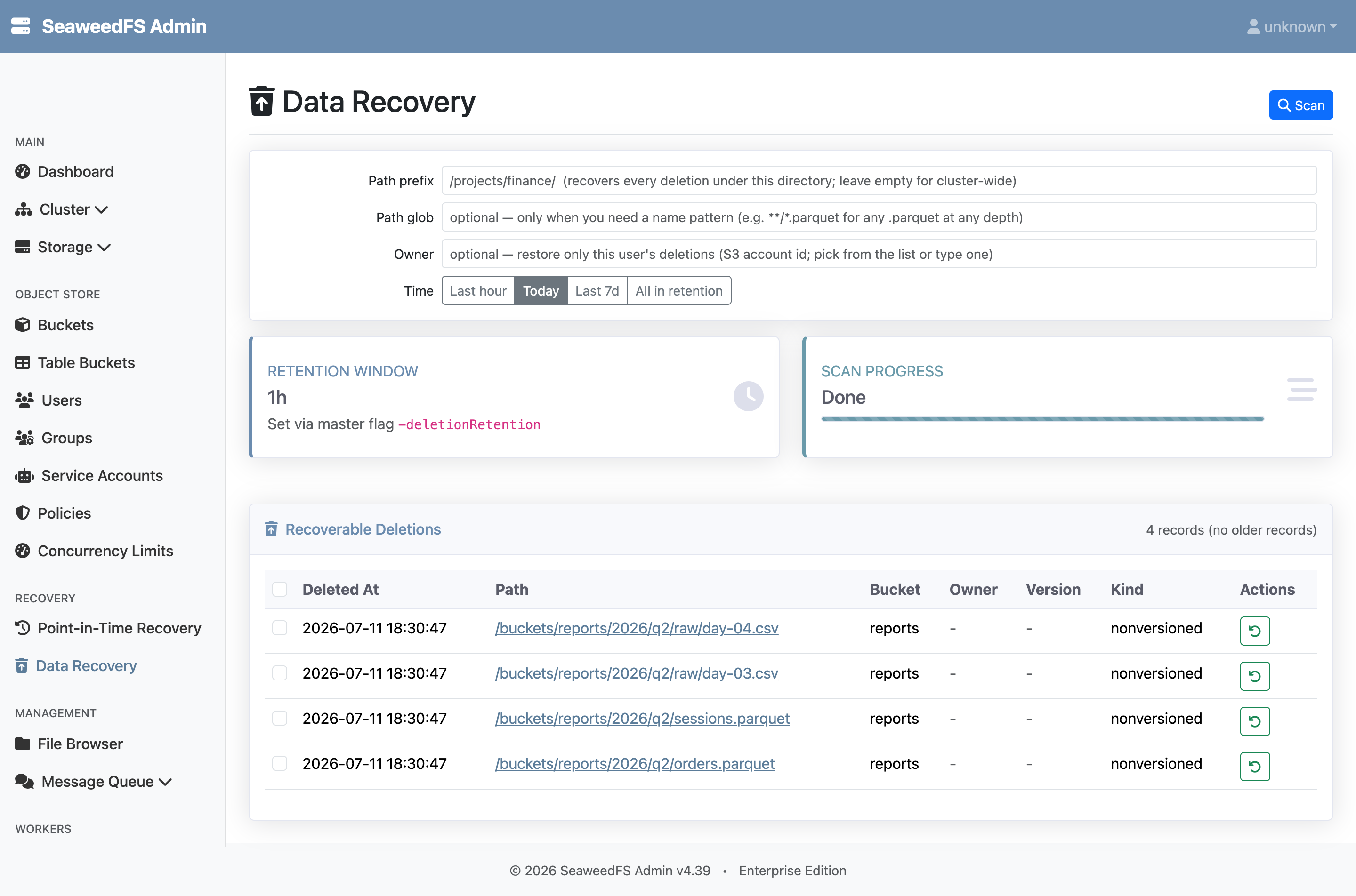 The Admin UI Data Recovery page: retention window active, scan complete, and four recoverable deletions listed with their paths, bucket, and per-row restore buttons.
