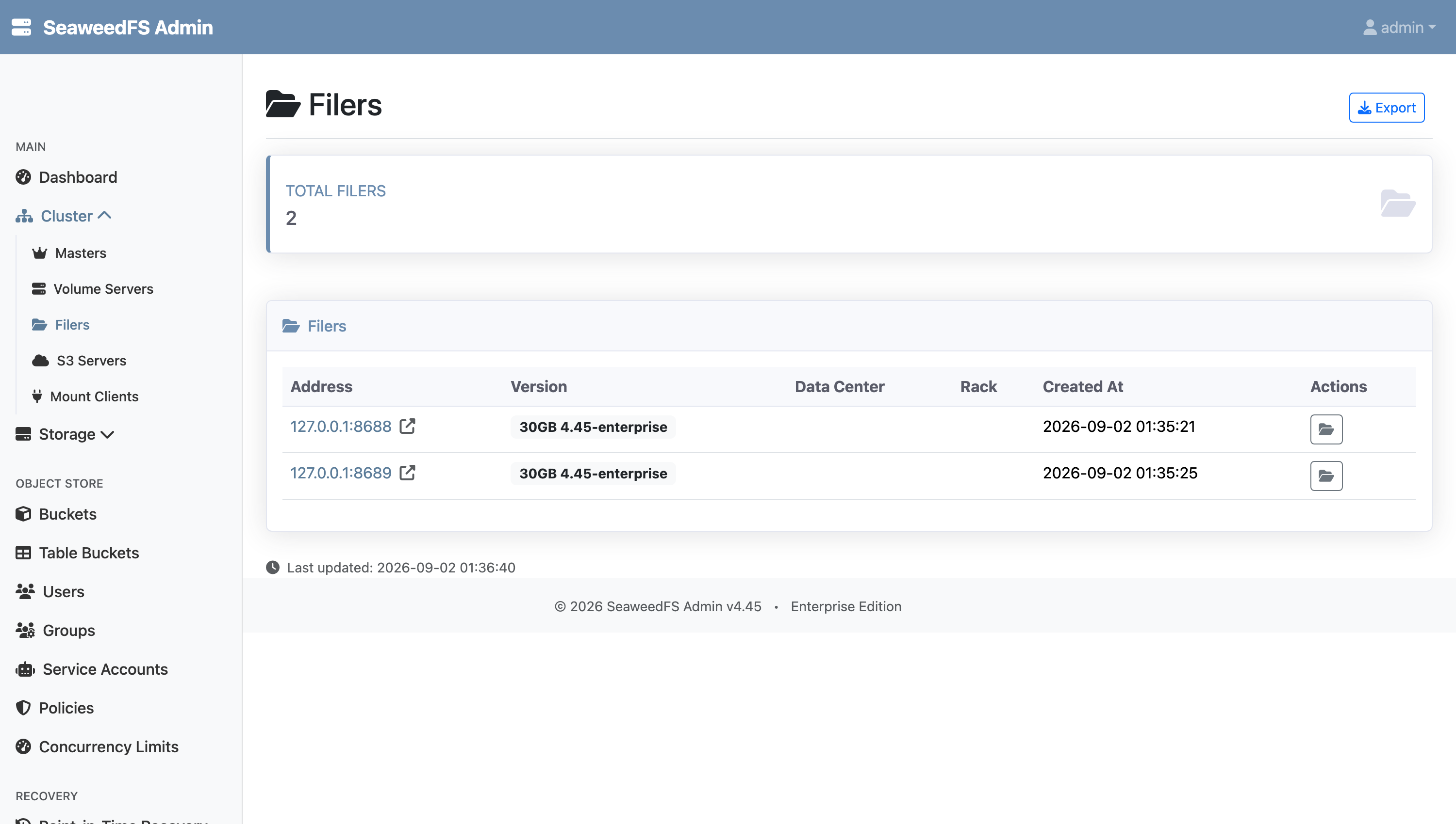 The Admin UI Filers page listing two filers, ports 8688 and 8689, both healthy.