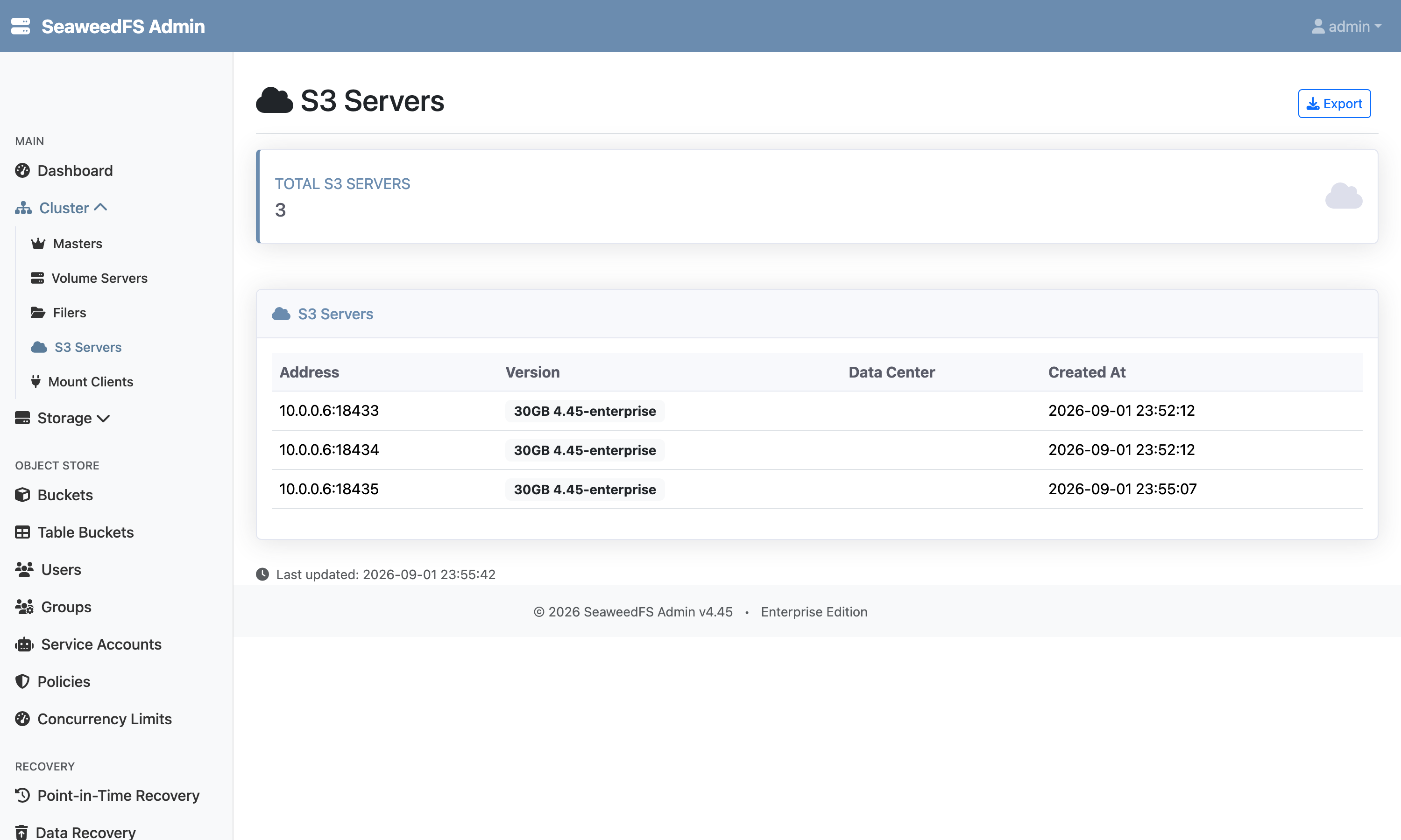 The Admin UI S3 Servers page listing three S3 servers; the first two created at 23:52:12 and the third at 23:55:07, three minutes later.