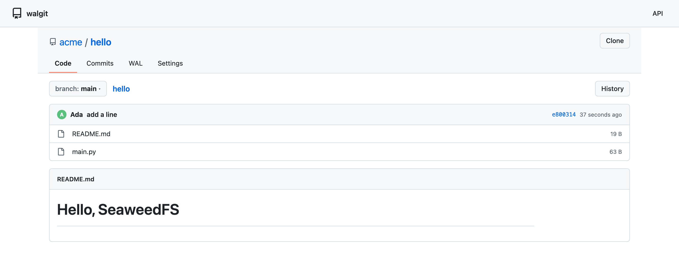 The walgit web UI Code tab for acme/hello: a branch selector, the latest commit (Ada, 'add a line', e800314), the files README.md and main.py, and the rendered README showing the heading 'Hello, SeaweedFS'.